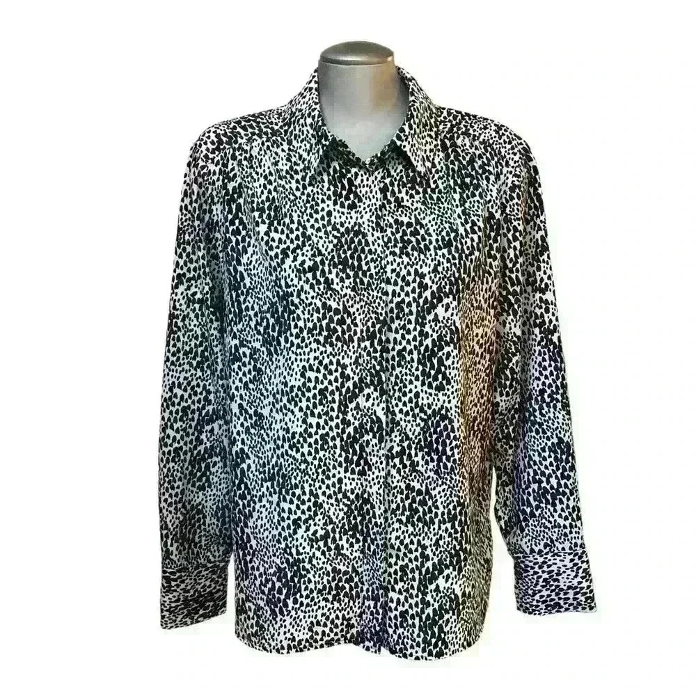 Topshop Button Up Shirt Long Sleeve Animal Print Pleated Front Black